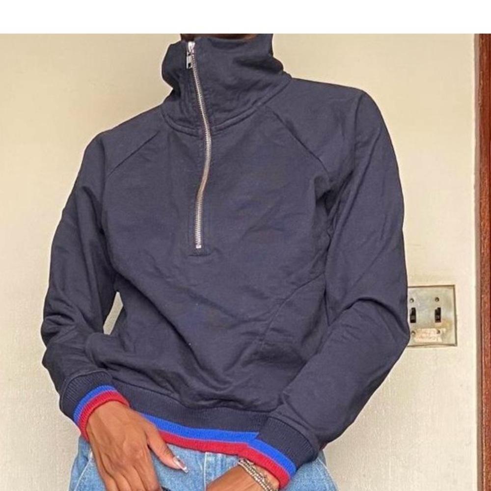 3/$20 J Crew Women’s Navy Long Sleeve 3/4 Zip-down Pullover - Picture 3 of 9